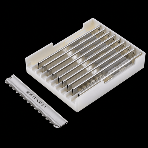 Set of disposable razors in a white holder with a visible brand name on a black background