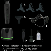 Monster Assassin trimmer accessories including comb guards, oil, brush, screwdriver, and charging cable