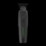 Monster Assassin cordless trimmer in black with green LED logo, front view