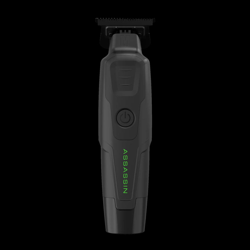 Monster Assassin cordless trimmer in black with green LED logo, front view