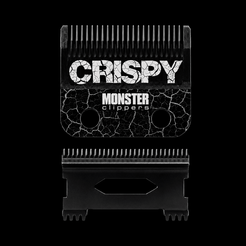 Crispy Monster Clippers comb and clipper head on a black background