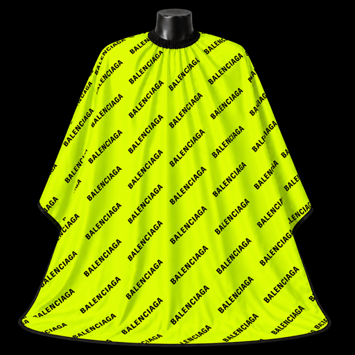Neon Green Balenciaga Barber Cape - front-facing view showing the all-over black logo lettering print on a neon green lightweight water-resistant polyester cape