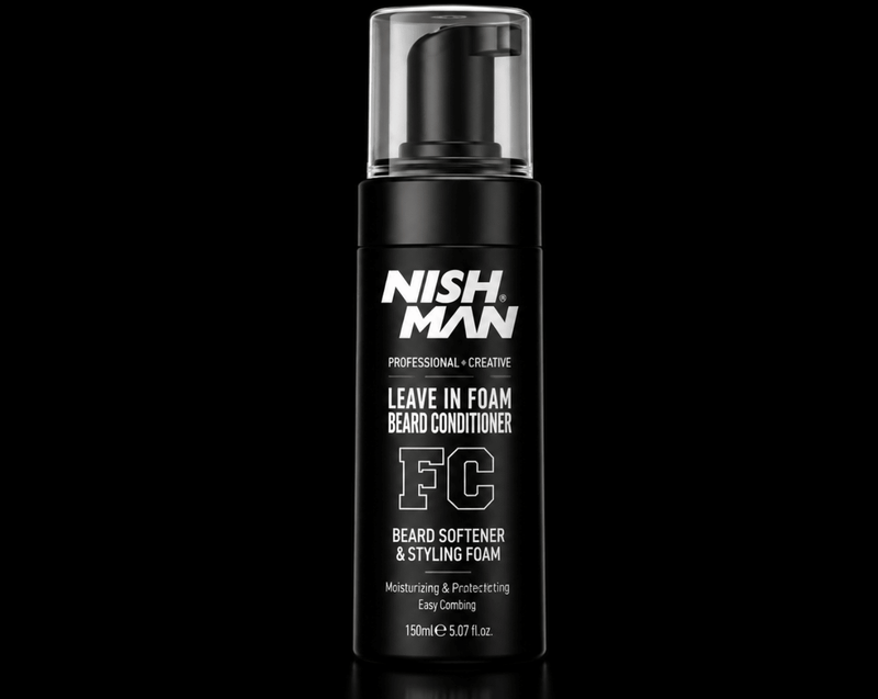 Black bottle of NISH MAN leave-in foam beard conditioner on a black background