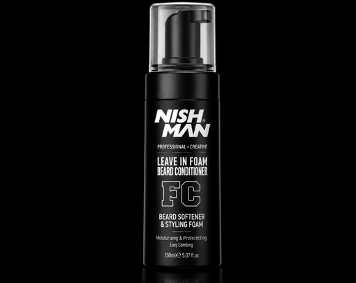 Black bottle of NISH MAN leave-in foam beard conditioner on a black background