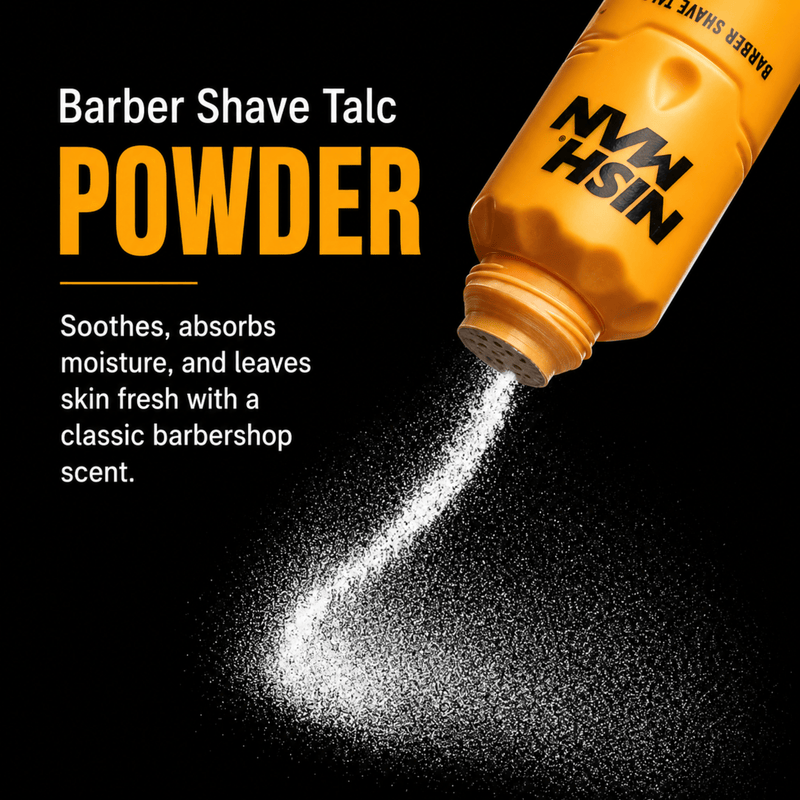 Nishman Barber Shave Talc Powder Ultra Fine Formula for Professional Barbering Available at Primos Barber Supply