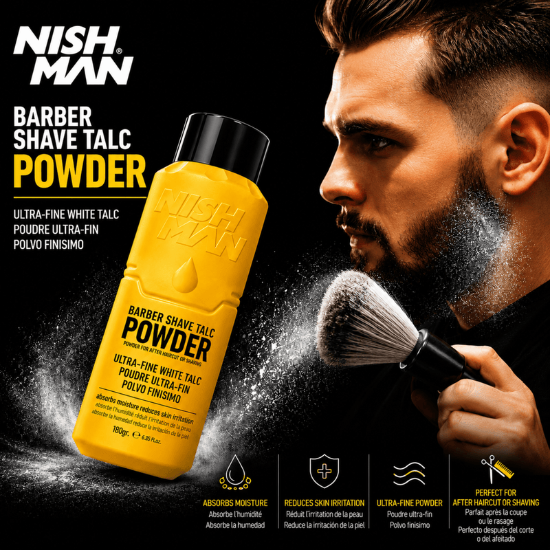 Nishman Barber Shave Talc Powder for Absorbing Moisture and Refreshing the Skin Available at Primos Barber Supply