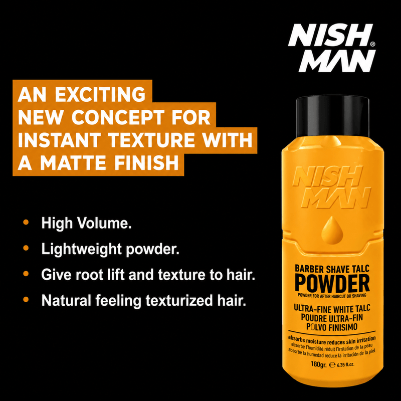 Nishman Barber Shave Talc Powder Helps Add Volume Texture and a Matte Finish Available at Primos Barber Supply