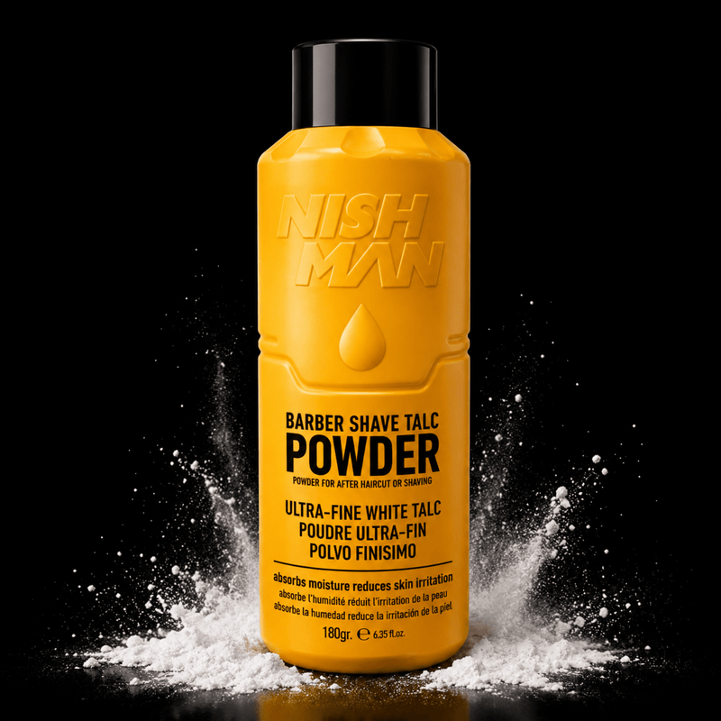 Nishman Barber Shave Talc Powder Ultra Fine Formula for Professional Barbering Available at Primos Barber Supply