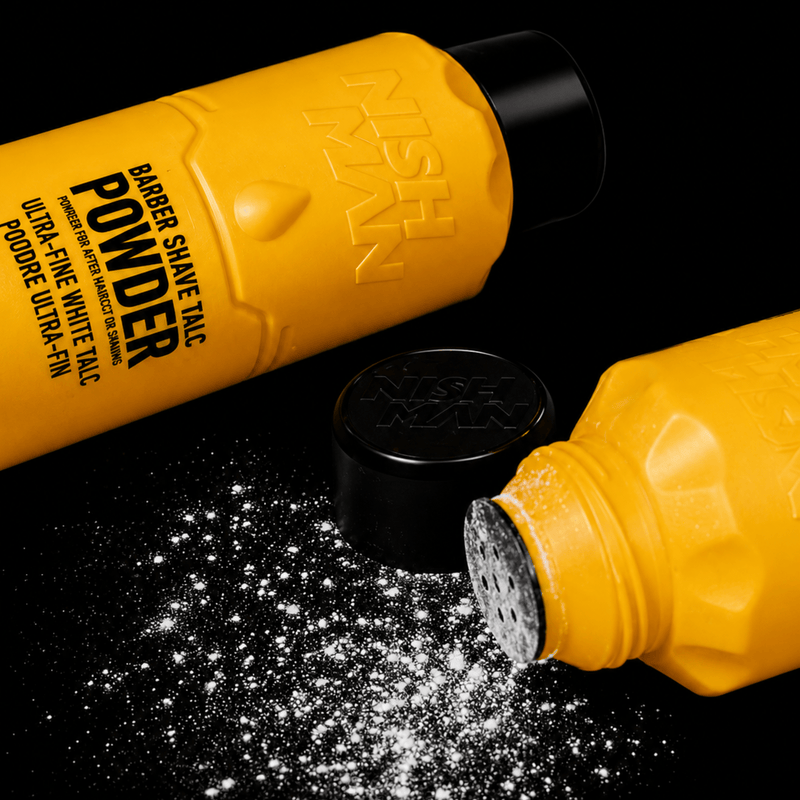 Nishman Barber Shave Talc Powder Close Up Product View with Ultra Fine Texture Available at Primos Barber Supply
