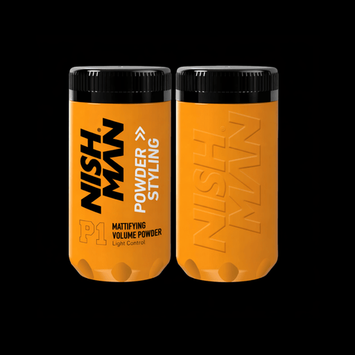 Front and back of orange containers of NishMan powder styling on a black background.