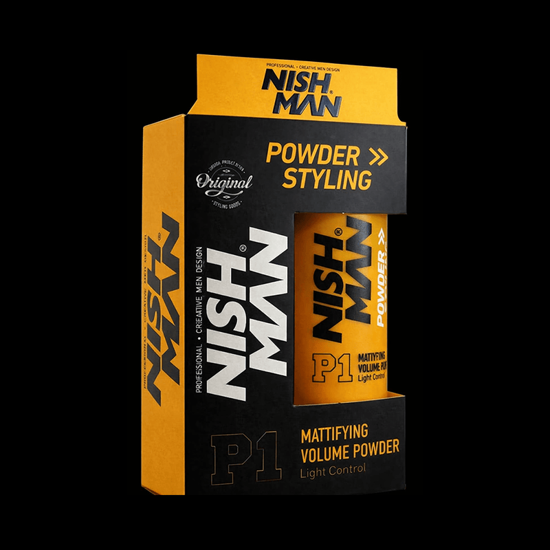 NishMan powder styling product packaging on a black background