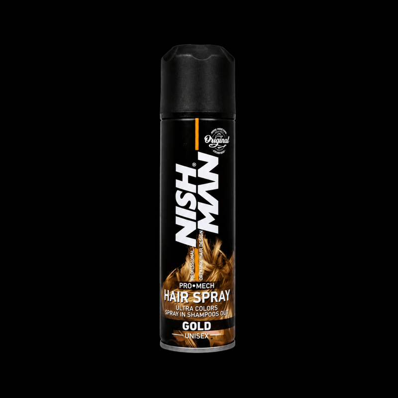 Nishman Pro Mech Hair Spray Gold Temporary Hair Color Spray for Bold Metallic Gold Styles Available at Primos Barber Supply
