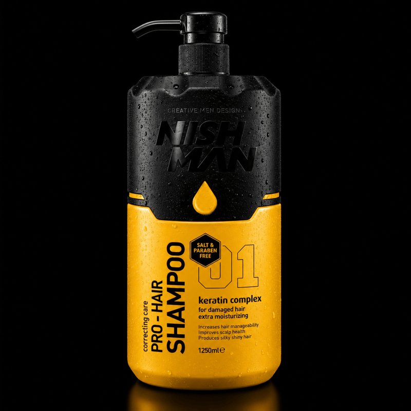 Nishman Pro Hair Shampoo 01 1250ml Keratin Complex Formula for Damaged Hair Available at Primos Barber Supply