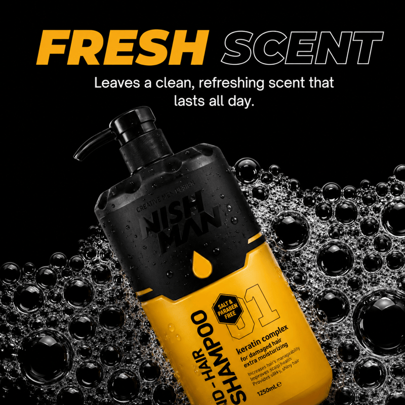 Nishman Pro Hair Shampoo 01 Fresh Scent Formula for All Day Clean Feeling Available at Primos Barber Supply