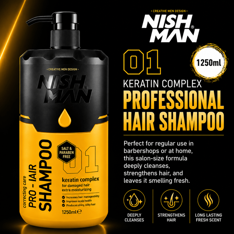 Nishman Pro Hair Shampoo 01 Professional Keratin Complex Hair Care Formula Available at Primos Barber Supply