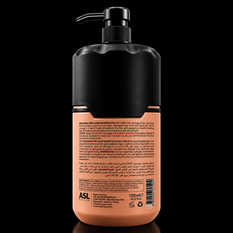 Nishman Pro Hair Shampoo 03 Back Label View with Product Information Available at Primos Barber Supply