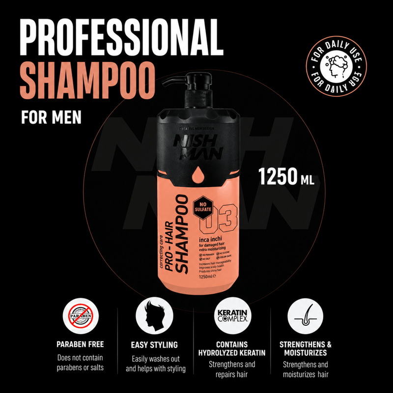 Nishman Pro Hair Shampoo 03 Professional Formula for Men with Damaged Hair Available at Primos Barber Supply