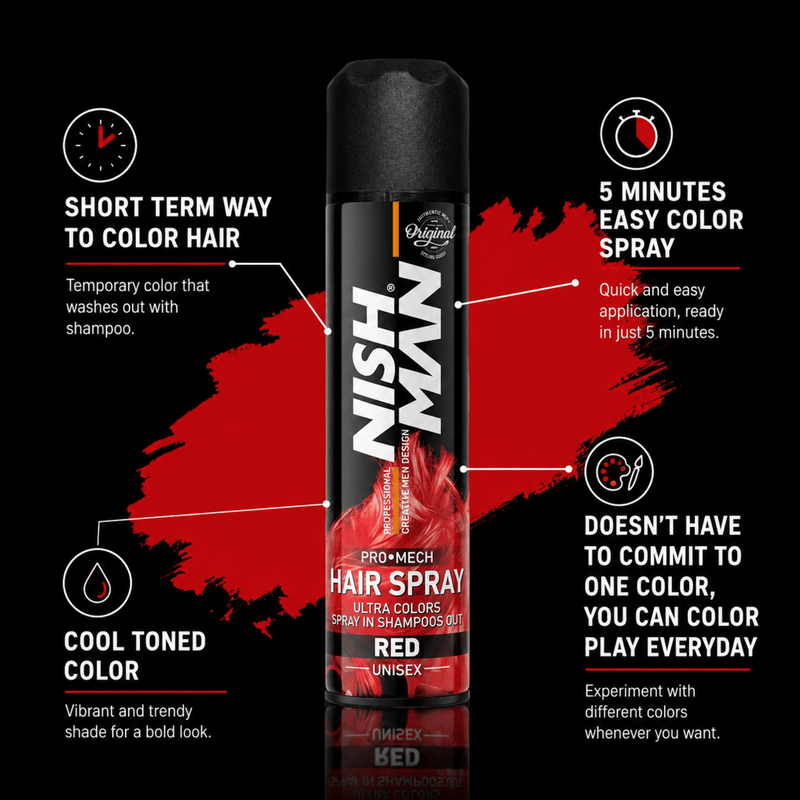 Nishman Pro Mech Hair Spray Red Provides Temporary Color That Washes Out Easily Available at Primos Barber Supply