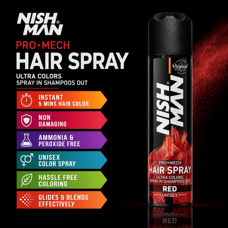 Nishman Pro Mech Hair Spray Red Instant Color Formula with Easy Application Available at Primos Barber Supply