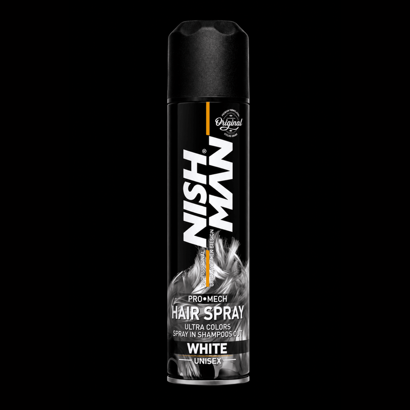Nishman Pro Mech Hair Spray White Temporary Hair Color Spray for Bright White Hair Styles Available at Primos Barber Supply