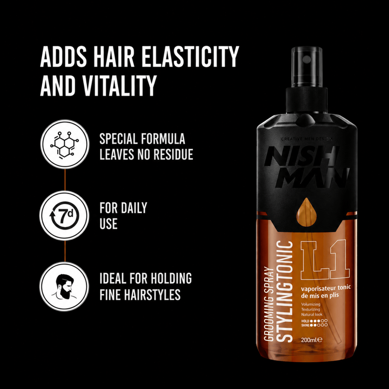Nishman Styling Tonic L1 Adds Hair Elasticity Vitality and Natural Movement Available at Primos Barber Supply