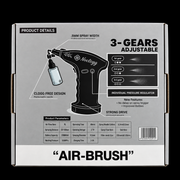 NoClogg AirBrush 2.5 packaging back with three pressure settings and product specifications