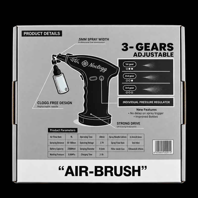 NoClogg AirBrush 2.5 packaging back with three pressure settings and product specifications