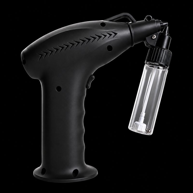 NoClogg AirBrush 2.5 rear view with attached clear product bottle