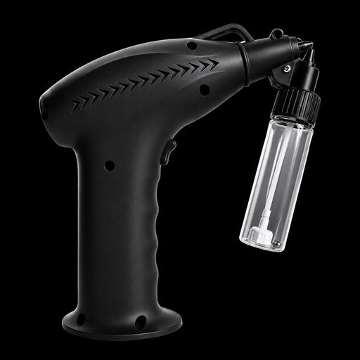NoClogg AirBrush 2.5 rear view with attached clear product bottle
