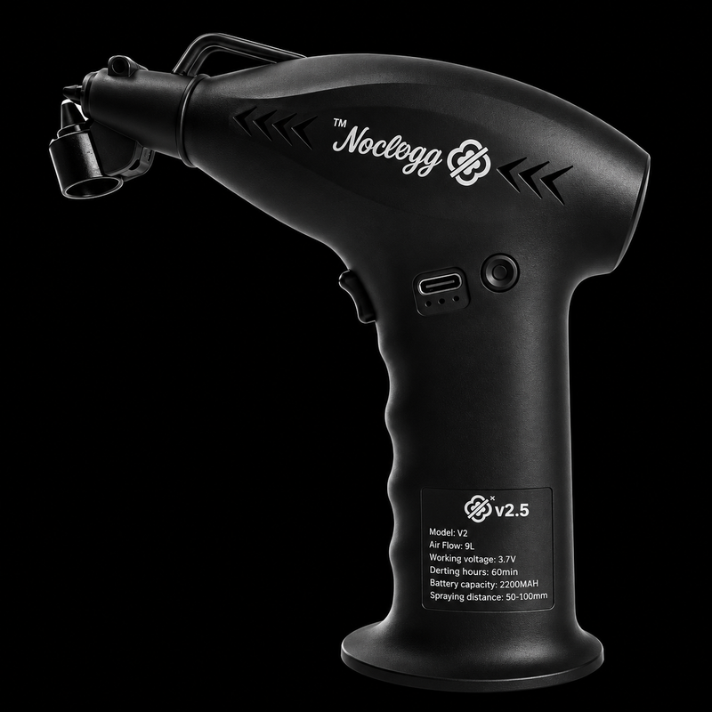 NoClogg AirBrush 2.5 wireless barber airbrush side view on black background
