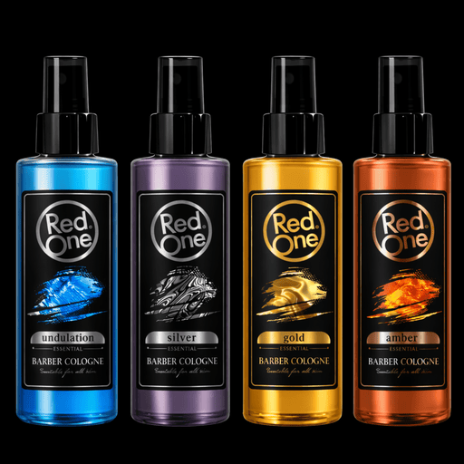 Primos Barber Supply Red One Barber Cologne collection featuring multiple scents including silver gold amber and blue professional barber aftershave cologne set