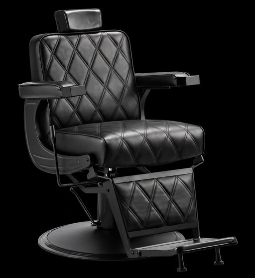 Signature Barber Chair in black with diamond-stitched upholstery, padded armrests, headrest and matte black frame