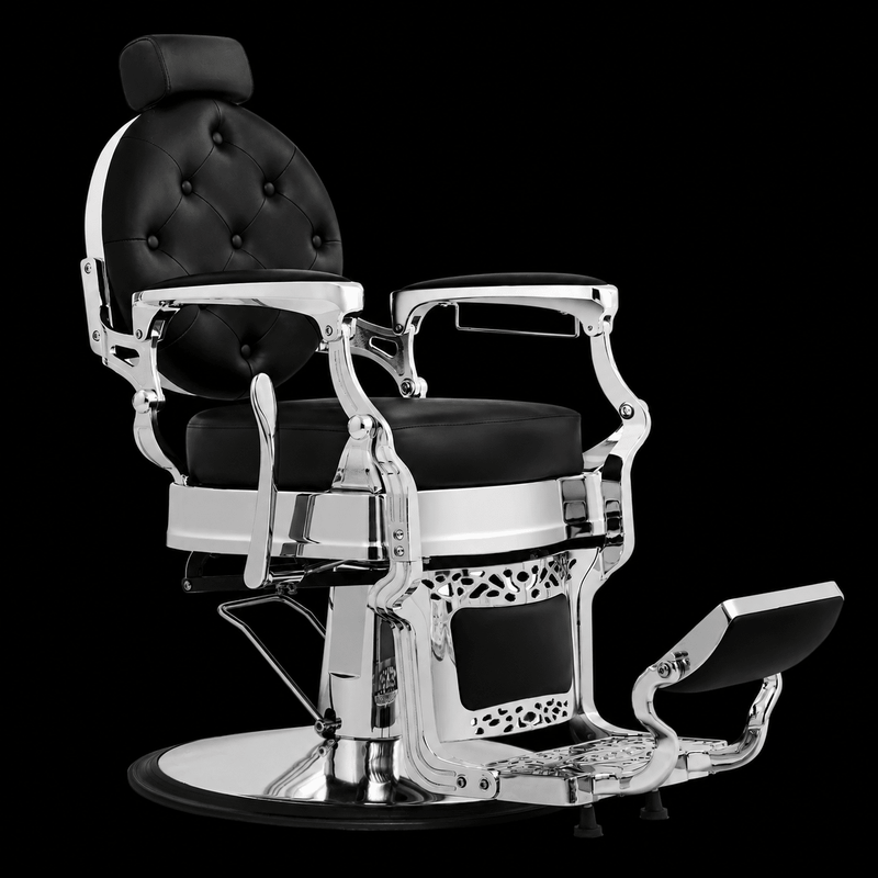 Primos Studio Barber Chair - black and chrome vintage barber chair with polished silver frame and tufted backrest, front view