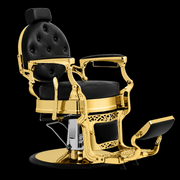 Primos Studio Barber Chair - black and gold vintage barber chair with polished brass frame and button-tufted oval backrest