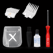 Set of grooming tools including clipper attachments, a screwdriver, and a bottle on a black background.