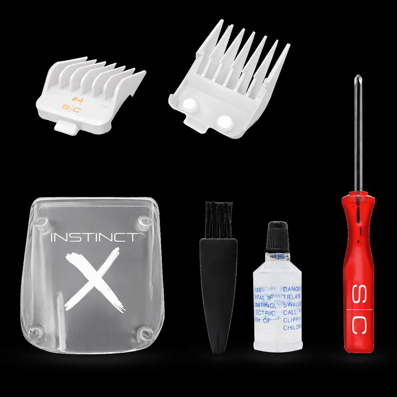 Set of grooming tools including clipper attachments, a screwdriver, and a bottle on a black background.