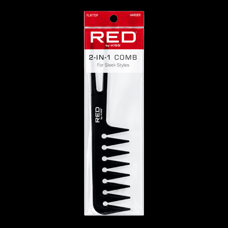 RED by KISS 2-in-1 Comb #HM62 in its red retail package, black wide-tooth comb with two-prong lift tail, front view on a black background