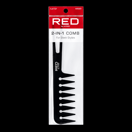 RED by KISS 2-in-1 Comb #HM62 in its red retail package, black wide-tooth comb with two-prong lift tail, front view on a black background