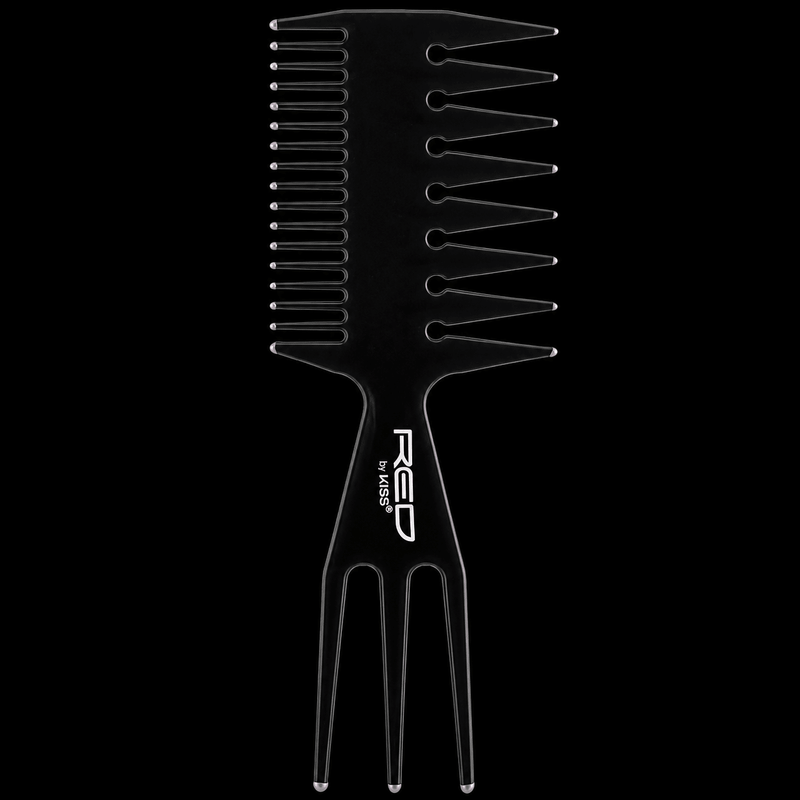 Red by Kiss 3-In-1 Comb Large HM59 Black retail packaging showing multifunction barber comb with wide teeth, fine teeth, and sectioning pick for professional styling and haircutting.