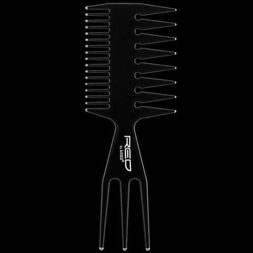 Red by Kiss 3-In-1 Comb Large HM59 Black retail packaging showing multifunction barber comb with wide teeth, fine teeth, and sectioning pick for professional styling and haircutting.