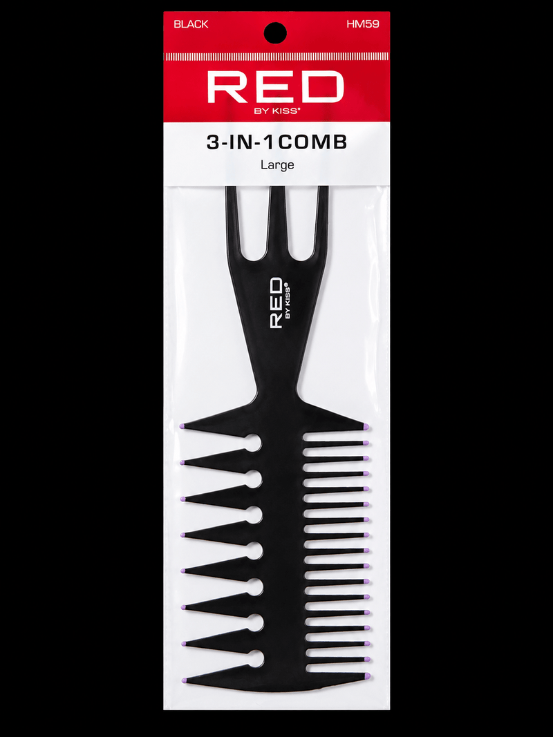 Red by Kiss 3-In-1 Comb Large HM59 Black professional barber comb featuring wide-tooth comb, cutting comb, and sectioning pick for styling, detangling, and clipper-over-comb techniques.