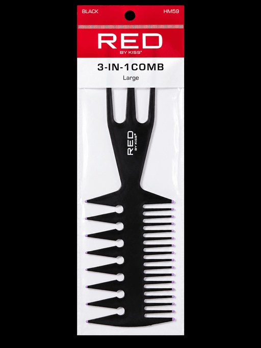 Red by Kiss 3-In-1 Comb Large HM59 Black professional barber comb featuring wide-tooth comb, cutting comb, and sectioning pick for styling, detangling, and clipper-over-comb techniques.