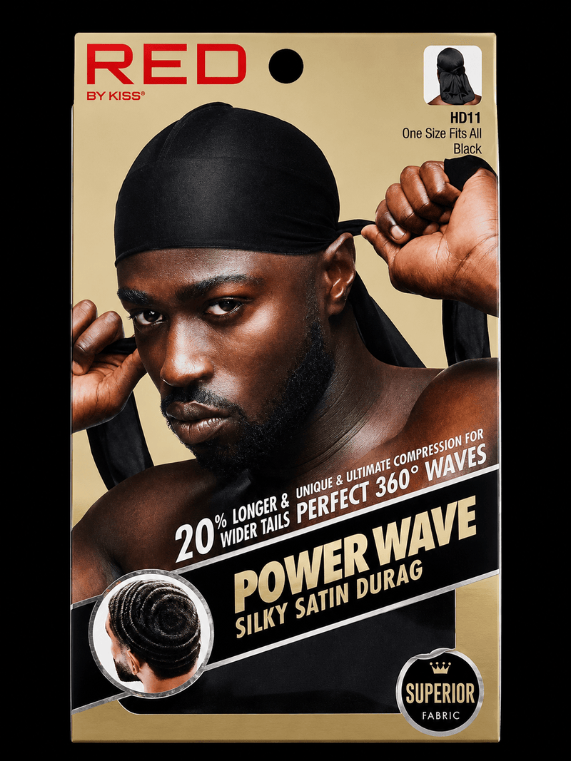 Packaging of a hair product with a man wearing a durag and text about the product features.