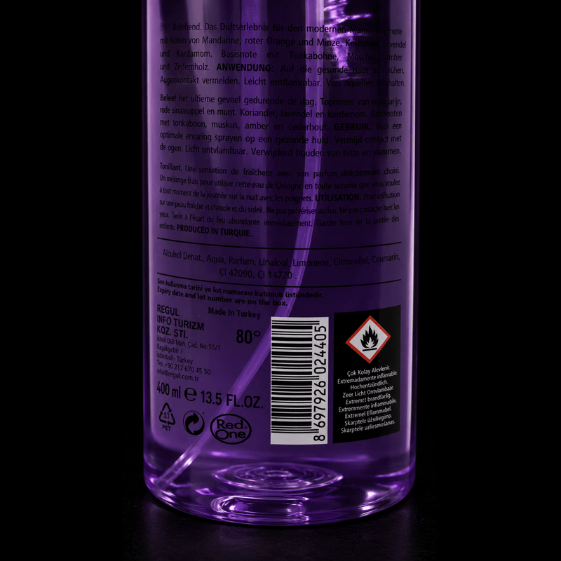 Red One Violet Cologne Body Splash bottle close up showcasing premium packaging available at Primos Barber Supply