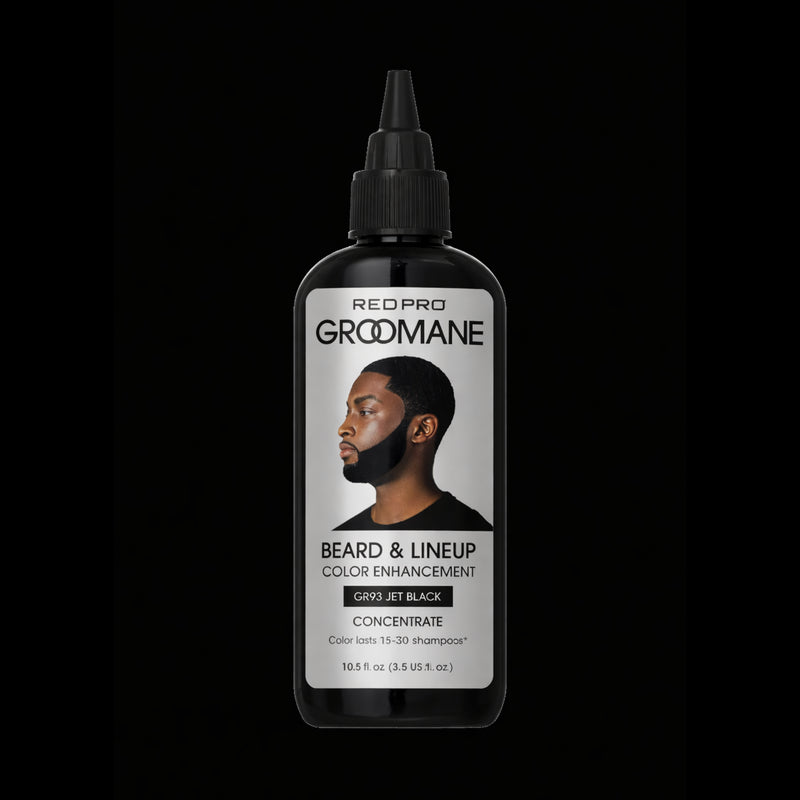 Red Pro Groomane beard enhancement color jet black for sharp lineups and fades