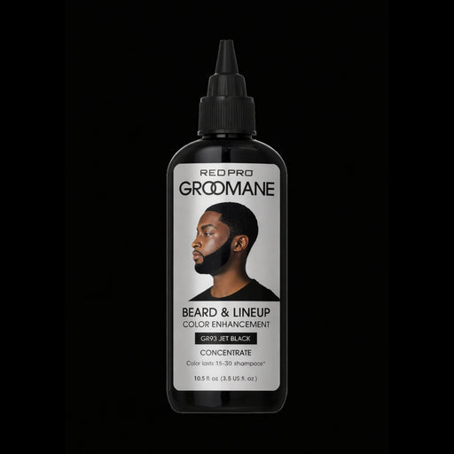 Red Pro Groomane beard enhancement color jet black for sharp lineups and fades