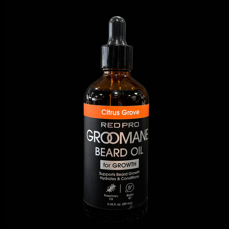 Red Pro Groomane Beard Oil Citrus Grove scent for beard growth hydration and conditioning with rosemary oil and biotin