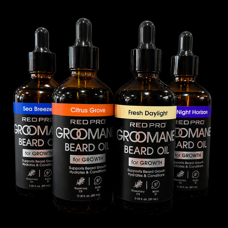 Red Pro Groomane Beard Oil collection featuring Sea Breeze Citrus Grove Fresh Daylight and Midnight Horizon scents for beard growth and hydration