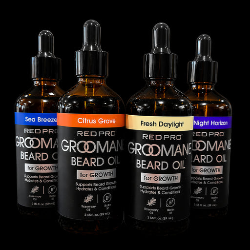 Red Pro Groomane Beard Oil collection featuring Sea Breeze Citrus Grove Fresh Daylight and Midnight Horizon scents for beard growth and hydration