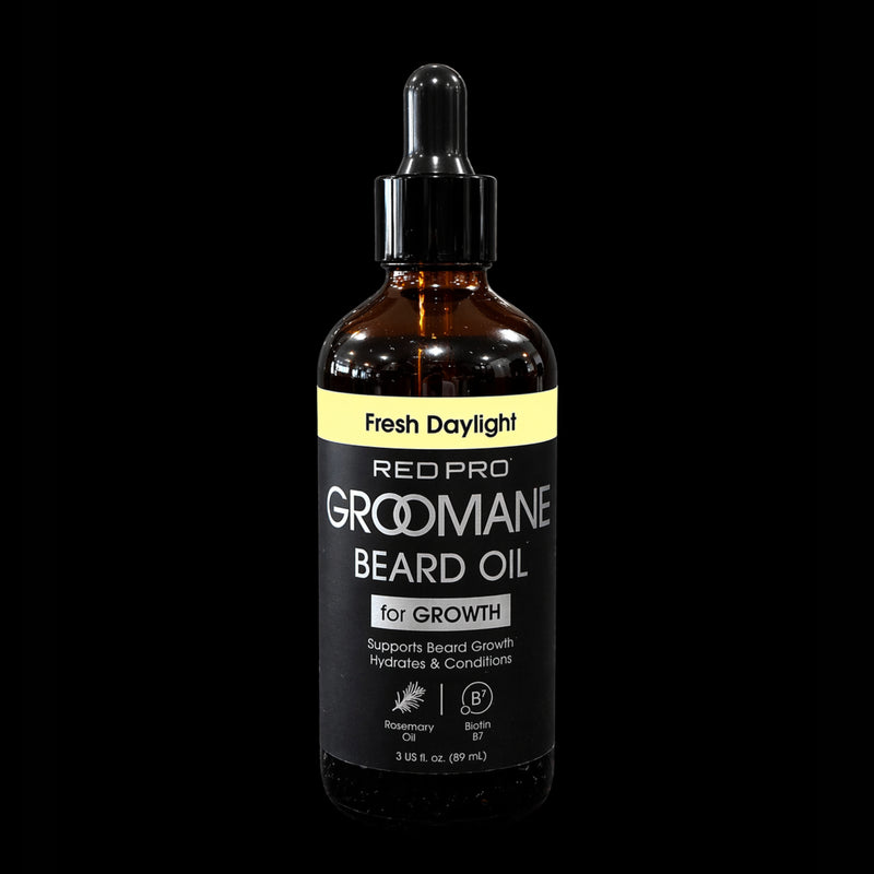 Red Pro Groomane Beard Oil Fresh Daylight scent designed to support beard growth hydrate and condition facial hair